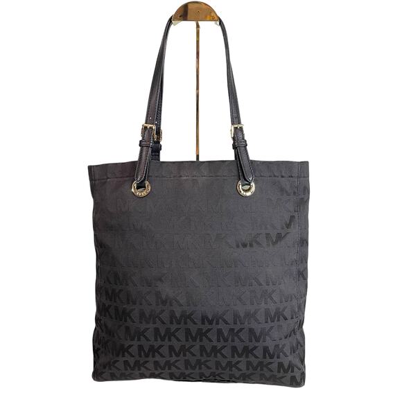 Michael Kors Black Leather Monogram Jet Set Grab Shoulder Tote Bag - Picture 1 of 9